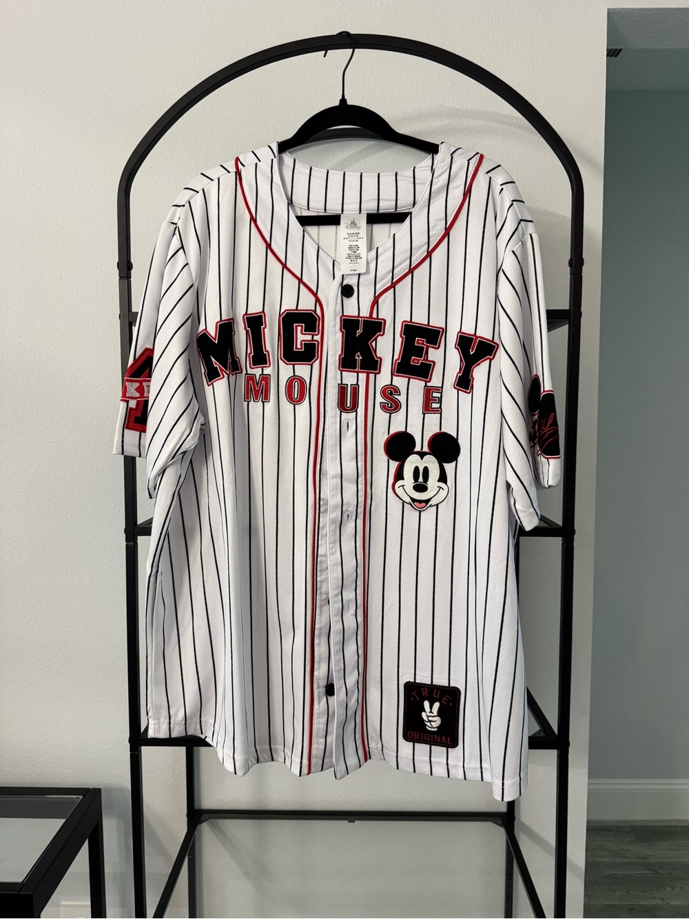 Disney Mickey Mouse White Pinstripe Baseball Jersey
